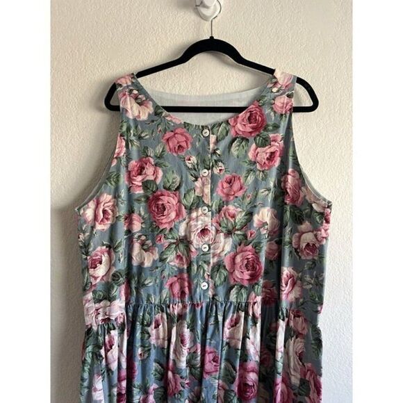 Cottagecore Vintage 90s Blue Pink Rose Floral Skater Fit & Flare Dress Size XL - Picture 6 of 10